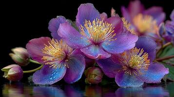 Vibrant purple flowers with droplets on petals against a dark background in a serene display during a tranquil moment photo