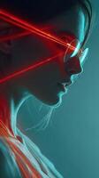 Portrait of a woman with futuristic sunglasses illuminated by vibrant red and blue laser lights in a studio setting photo