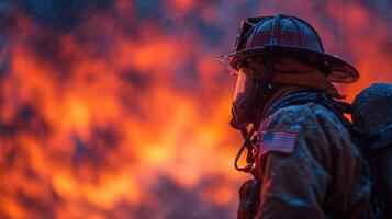 Firefighter bravely battling wildfire during intense flames and smoke at dusk photo