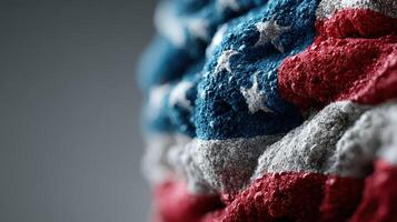 Textured depiction of a weathered American flag in subtle details and colors showcasing red, white, and blue against a muted background photo