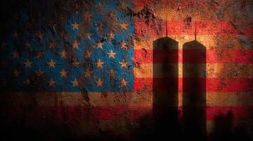 Memorial tribute honoring resilience and history with shadows of twin towers against an American flag backdrop photo