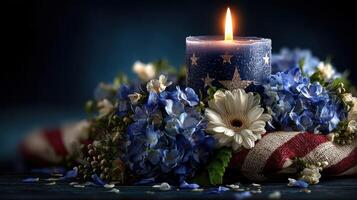 Beautiful floral arrangement with candle creating a serene atmosphere for evening celebrations and gatherings photo