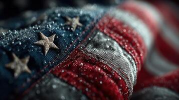 Detailed close-up view of an American flag showcasing vibrant colors and textures, highlighting its fabric and embroidered stars photo