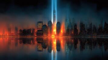 Stunning skyline view of a city illuminated by vibrant lights reflecting on water at night photo