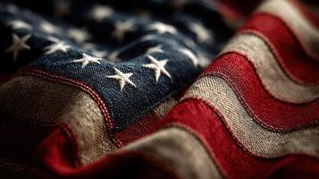 Close-up view of an aged American flag with vivid colors and distinct textures representing patriotism and history photo