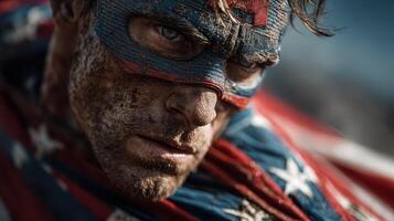 Heroic figure in distress wearing a weathered costume with stars and stripes under a dramatic sky photo