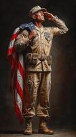 Soldier salutes while holding American flag in a studio setting during a patriotic tribute photo