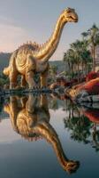 Massive golden dinosaur statue reflects in calm water surrounded by nature in a beautiful outdoor setting photo