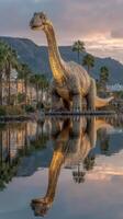 Giant dinosaur sculpture stands majestically by a tranquil lake at sunset in an amusement park photo