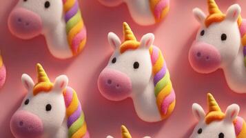 Colorful unicorn-shaped sponge characters displayed on a vibrant pink background photo
