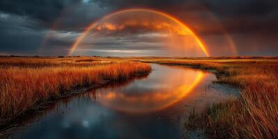 Vibrant rainbow over a calm river in a marsh landscape during sunset with dramatic clouds photo