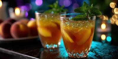 Refreshing iced tea with peach slices and mint served in glasses, perfect for summer evenings or gatherings outdoors photo