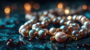 Elegant pearl necklace with gold accents displayed against a dreamy blue background and soft bokeh lighting showcasing luxury and beauty photo