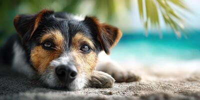 Dog relaxing on sandy beach with tropical backdrop near the ocean on a sunny day photo