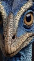 Close-up of a vibrant blue dinosaur character with prominent eyes and detailed textures captured in a studio setting photo
