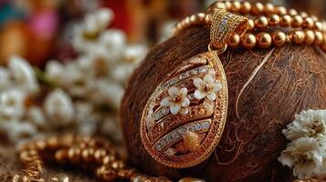 Intricately designed gold jewelry featuring flowers displayed on a textured background with delicate accessories photo