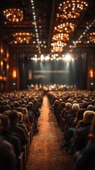 Large audience enjoys classical music performance in elegant concert hall during evening event photo