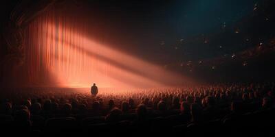 Dramatic moment in a theater with spotlight on performer and captivated audience during an evening show photo