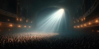 Crowd gathers in theater as spotlight shines brightly over the stage during a live performance event at night photo