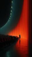 Dramatic performance space with vibrant red curtains and a lone figure in silhouette during an evening event photo