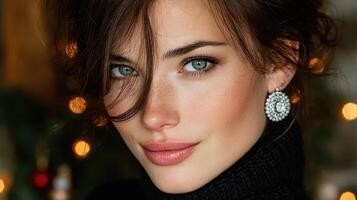 Woman with striking blue eyes and elegant earrings poses with a soft smile in a cozy holiday setting during winter evenings photo