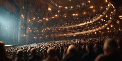 Crowded theater audience captivated by performance in a grand historic venue during evening show photo