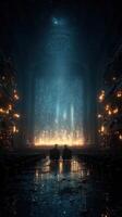 Two figures watch a captivating light display in an elegant, dimly lit theater at night photo