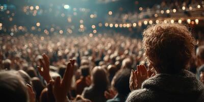 Audience at a live concert passionately applauding the performers on stage during a vibrant evening show in a packed theater photo