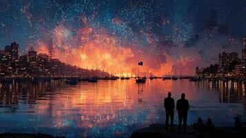 Vibrant fireworks illuminate the skyline above the harbor during a festive evening celebration photo