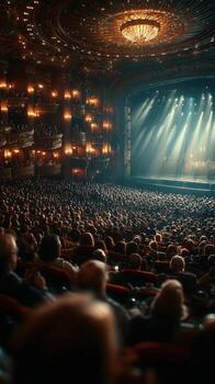 Audience enjoys performance in ornate theater with dramatic lighting and elaborate decor during evening show photo