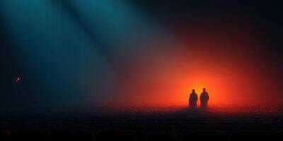 Two figures standing in a dark theater, illuminated by vibrant lights, creating a captivating contrast around them photo