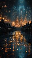 Audience enjoys a winter concert with illuminated Christmas trees and reflections in a grand venue photo