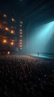 Audience captivated by performer on stage in historic theater during evening performance photo