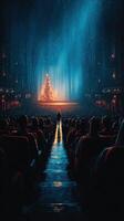 Audience gathers in a theater illuminated by a Christmas tree and dramatic blue light during a winter night event photo