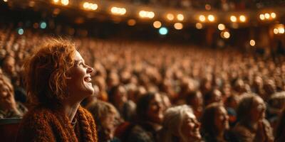 Enthusiastic audience enjoying a live performance at a theater with a captivating atmosphere during the evening photo