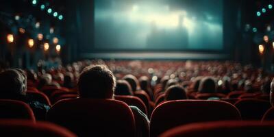 Crowded cinema with viewers watching a film during an evening screening in a vintage theater photo