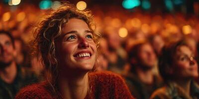 Joyful woman enjoying performance in crowded theater during evening event under warm lighting photo