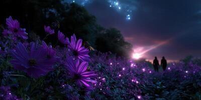 Breathtaking twilight stroll through vibrant purple flowers under a starry sky photo
