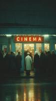 Crowd gathers outside cinema in a rainy evening in a city known for its vibrant nightlife photo