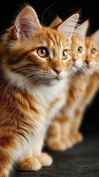 Three orange cats pose gracefully in soft lighting against a dark background, highlighting their striking features photo