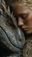 Majestic bond between a girl and a dragon captured in a serene moment of tranquility photo
