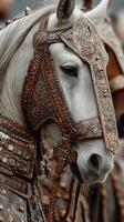 Intricate horse armor shines during a traditional festival parade in an ancient town photo