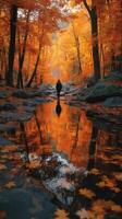 Colorful autumn foliage reflects in still waters as a figure stands amidst nature's beauty photo