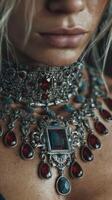 Exquisite silver necklace adorned with red gemstones on a model, showcasing intricate craftsmanship and elegance in a close-up view photo