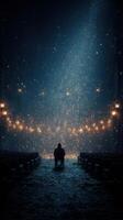Mysterious atmosphere in an abandoned theater with sparkling lights at night photo