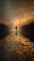 Captivating event with glowing lights in an expansive hall at twilight reflecting in calm water photo