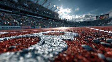 Track surface before a major sprinting event at the stadium with spectators under a clear sky in the afternoon photo