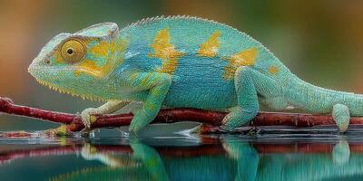 Colorful chameleon perched on a branch above a reflective surface in a tropical environment during daytime photo