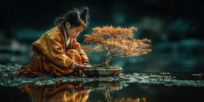 Child tending to a bonsai tree beside a serene body of water during twilight in an enchanting landscape photo
