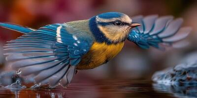Blue tit in mid-flight over the water showcasing vibrant plumage during a sunny day in a natural habitat photo